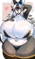 anthro bikini blue_eyes furry grey_fur horn huge_breasts humanoid in_pnj massive_breasts original_character thick_thighs two_tone_hair venus_body voluptuous white_fur wide_hips