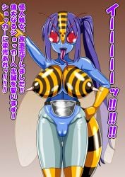 bee_woman bocchi_the_rock! breast_expansion female hair_color_change high_heels huge_ass huge_breasts ijichi_nijika insect_eyes lip_expansion lips long_tongue navel nipples post_transformation pussy skin_color_change stinger tengukizoku thick_thighs transformation wide_hips