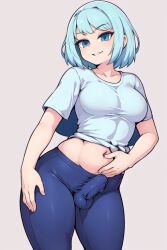 1futa ai_generated blue_eyes blue_hair bulge bulge_through_clothing clothed clothed_futa clothed_futanari clothing futa_only futanari light-skinned_futanari light_blue_hair light_skin penis_under_clothes reptilian_knight solo solo_focus solo_futa