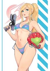 absurdres bikini blonde_hair blue_bikini blue_eyes cleavage female female_only femsub gun happy_female happy_sub headwear_removed helmet helmet_removed highres holding holding_gun holding_weapon jetblaackk logo metroid navel nintendo no_headwear ponytail revealing_clothes samus_aran sole_female solo submissive submissive_female swimsuit thong weapon white_background willing_sub