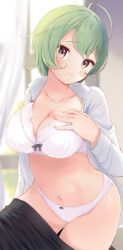 1girls 2020s 2023 :s ahoge black_skirt blurry blurry_background blush bow bow_bra bow_panties bra breast_suppress breasts cowboy_shot curtains dot_nose double-parted_bangs female furrowed_brow green_hair groin hand_on_own_chest head_tilt hi_res indoors komone_ushio large_breasts light-skinned_female light_skin looking_at_viewer navel open_clothes open_shirt original panties purple_eyes rifa_tellu_anelethea shirt short_hair skindentation skirt solo sweatdrop underwear undressing white_bra white_panties white_shirt window