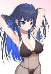 absurdres armpits bangom_r black_hair black_panties blue_eyes blue_hair bra breasts cleavage female hair_intakes hair_tie_in_mouth highres hololive hololive_english hololive_english_-council- hololive_english_-promise- lace large_breasts lingerie long_hair mole mole_on_armpit mouth_hold multicolored_hair navel ouro_kronii panties solo underwear underwear_only virtual_youtuber