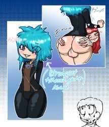 1boy 1femboy 1girls abstract_background amulet arcane_odyssey big_balls big_butt blue_hair blush bottomless clothing femboy glistening_butt grey_eyes groping iris_(arcane_odyssey) katakana light_skin mackpack neviro_(arcane_odyssey) oc red_hair roblox roblox_game robloxian self_upload tagme yellow_eyes_female