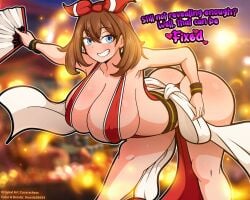 1girls armpits ass bending_over blue_eyes breasts brown_hair bubble_butt cosplay cucarachaaa dat_ass dialogue english_text fan female female_only game_freak holding_object huge_ass huge_breasts jhostin38654 king_of_fighters light_skin long_hair mai_shiranui_(cosplay) may_(pokemon) may_(pokemon_oras) naughty_face nintendo pokemon pokemon_oras ribbon ribbon_in_hair smile snk solo text thick_thighs