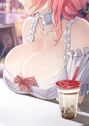 1girls alternate_costume azur_lane breasts bubble_tea cleavage date drink eagle_union_(azur_lane) female female_only huge_breasts indoors light-skinned_female light_skin official_alternate_costume ohtaninonno_(te-rin) pink_hair princeton_(azur_lane) princeton_(lolipop_paradise)_(azur_lane) solo staring_at_breasts table