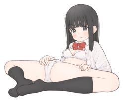 :| au_arigatou between_legs black_hair black_socks blunt_bangs blush bow bowtie bra closed_mouth commentary_request female female_masturbation full_body grey_eyes groin hand_between_legs highres knee_socks kneehighs knees_apart_feet_together kneesocks long_hair lying making-of_available masturbation masturbation_through_clothes on_back original panties red_bow red_bowtie school_uniform shirt simple_background socks sweat unbuttoned underwear white_background white_bra white_panties white_shirt