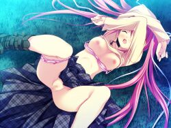 ass belt bra breasts clothes_lift female game_cg hair_ornament hair_ribbon kodama_izayoi koku leg_up lying night non-web_source on_back on_grass panties panties_around_one_leg pink_hair pussy ribbon shirt shirt_lift skirt skirt_lift solo stellula_eques striped striped_panties underwear