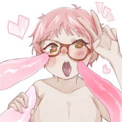 1girls areolae breasts female female_focus glasses green_eyes heart-shaped_pupils human light-skinned_female light_skin melonpan nipples nude open_mouth original_character pink_hair pinkmelonsfw short_hair solo_focus tentacle tentacle_penis tongue tongue_out v