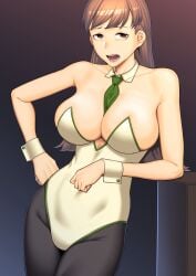 absurdres alternate_costume arm_support bare_shoulders between_breasts blush breasts brown_eyes brown_hair cleavage cowboy_shot detached_collar dyun female hand_on_own_hip highres kantai_collection leotard long_hair looking_at_viewer necktie necktie_between_breasts ooi_(kantai_collection) open_mouth pantyhose playboy_bunny solo standing strapless strapless_leotard