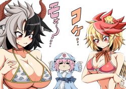 3girls big_breasts bikini bikini_top blush breasts chicken_girl clothed_female cow_ears cow_girl cow_print_bikini curvy curvy_female curvy_females embarrassed_underwear_female embarrassing_outfit ghost_girl girls_reacting_to_bikini_(meme) hat hidefu_kitayan horns japanese_text kutaka_niwatari light-skinned_female mature_female multicolored_hair pink_hair red_eyes spiky_hair sweat touhou trying_on_clothes underboob urumi_ushizaki white_background wings yuyuko_saigyouji