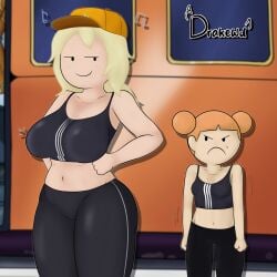 2girls adventure_time big_breasts boss breast_envy breasts drakewd fionna_and_cake fionna_campbell fionna_the_human_girl flat_chest flat_chested huge_breasts medium_support_(meme) meme queen_of_ooo self_upload sfw size_difference small_breasts sports_bra sportswear