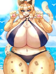 1girls anthro beach bikini cute furry huge_breasts humanoid in_pnj leopard orange_fur orange_hair original_character paws roaring solo thick_thighs venus_body voluptuous wide_hips