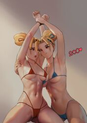 2girls armpit_grab armpits arms_up bare_shoulders blonde_hair cleavage female female_only fully_clothed godlem legs_apart micro_bikini midriff nipple_bulge overlord_(maruyama) ponytail red_eyes revealing_clothes skimpy_clothes tia tina twins wrists_tied