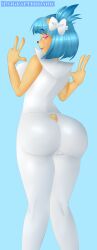 ass ass_focus bare_shoulders blue_hair bodysuit breasts cameltoe come_hither crash_(series) female from_behind furry hairbow huge_ass large_breasts looking_at_viewer megumi_bandicoot naughty_face paigeafterdark pants red_eyes short_hair side_ponytail sideboob smile solo tail