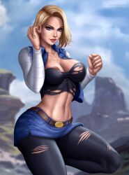 1female 1girl 1girls 1woman abs android_18 belt big_breasts blonde_hair blue_eyes blue_jacket blue_shorts blue_sky breasts cleavage daytime denim_skirt dragon_ball dragon_ball_z female female_only flowerxl human jean_skirt large_breasts looking_at_viewer nipples_visible_through_clothing pale-skinned_female pale_skin pantyhose short_hair skirt solo torn_clothes