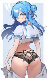 ! :o arms_at_sides ass back black_panties blue_choker blue_eyes blue_hair blue_nails butt_crack choker crop_top earrings female flower_panties hair_between_eyes hair_ornament hair_ribbon highres holding holding_clothes holding_skirt hololive hololive_gen_0 hololive_japan hoshimachi_suisei hoshimachi_suisei_(school_uniform) jewelry lace lace_choker lace_panties long_hair looking_at_viewer looking_back nail_polish panties pleated_skirt ponytail potepotechi ribbon ribbon_panties sailor_collar school_uniform serafuku shirt short_sleeves side_ponytail simple_background skirt solo standing star_(symbol) star_in_eye surprised symbol_in_eye underwear virtual_youtuber white_sailor_collar white_serafuku white_shirt