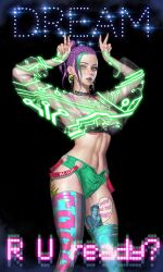 belly belly_button bra braided_hair cybernetics cyberpunk earings green_hair kyuyong_eom purple_hair shorts stockings tattoo transparent_clothing