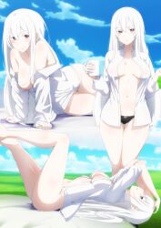 absurdres arms_up barefoot black_panties blue_sky bottomless bow bow_panties breasts cleft_of_venus cloud colored_eyelashes commentary cup dress_shirt echidna_(re:zero) english_commentary female field from_side gear_art gearthelewdist ger0gear grass grin hanging_breasts highres holding holding_cup knees_up legs_up long_hair looking_at_viewer lying mug multiple_views naked_shirt nipples off_shoulder on_side open_clothes open_shirt panties purple_eyes pussy re:zero_kara_hajimeru_isekai_seikatsu shirt sky slit smile standing thighs underwear v-shaped_eyebrows variant_set very_long_hair white_hair