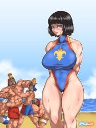 1girls 4boys beach black_hair blue_eyes bob_cut bretonnia faceless_male female female_focus fighting fleur-de-lis hellcross3 henri_le_massif huge_breasts knight large_breasts looking_at_viewer medieval_armor medieval_armour muscular_female muscular_male repanse_de_lyonesse short_hair swimwear thick_thighs total_war:_warhammer warhammer_(franchise) warhammer_fantasy