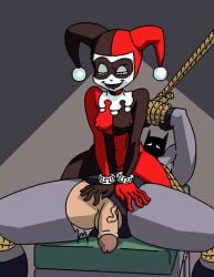 1boy 1girls 2022 2d aroused batman batman:_the_animated_series batman_(series) blue_eyes blush bodysuit bruce_wayne dboy dc dc_comics dcau dubious_consent female femdom flaccid_penis harley_quinn harley_quinn_(classic) imminent_sex legs_apart light_skin male male/female male_sub nipple_bulge pale_skin penis penis_out pokies restrained ripped_clothing spread_legs straight tied_wrists torn_clothing unseen_male_face veiny_penis wardrobe_malfunction