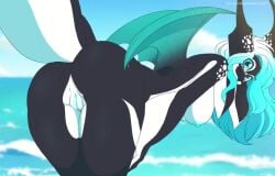 animated anthro ass bent_over big_breasts big_butt big_tail black_body blue_blush blue_eyes blue_hair blue_pussy blue_wings blush breasts cetacean cloud dialogue digital_media_(artwork) dolphin dragon duo english_text female freckles furry genitals hair hybrid looking_at_viewer mammal marine multicolored_body multicolored_hair nipples no_sound nude oceanic_dolphin offscreen_character orca outside penelope_(rainbowscreen) public public_nudity pussy rainbowscreen raised_tail sea short_playtime sky smile solo_focus speech_bubble tagme tail text toothed_whale video water white_body wings