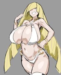 1girls armwear big_breasts bikini bikini_bottom bikini_top blonde_hair bottomwear bracelet breasts cleavage female female_only game_freak green_eyes hair hair_over_one_eye hips huge_breasts large_breasts legwear long_hair lusamine_(pokemon) mature mature_female mature_woman milf mother pokemon pokemon_sm smile solo solo_female swimwear thighs topwear white_bikini yuujiro