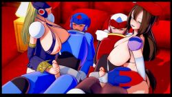 2boys 2girls 3d berkana huge_breasts iris_(mega_man) koikatsu lactation mega_man mega_man_x nursing_handjob x_(mega_man) zero_(mega_man)