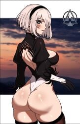 1girls ass ass_focus back backless_outfit black_hairband blue_eyes blush bob_cut boots clothing clothing_cutout dat_ass dizzle dizzle_tan feather-trimmed_sleeves female female_only from_behind gloves hairband highres huge_ass leotard light-skinned_female light_skin looking_at_viewer nier nier:_automata nier_(series) no_blindfold red_lips revealing_clothes short_hair solo solo_focus thighhighs thighhighs_under_boots thong_leotard white_hair white_leotard yorha_2b