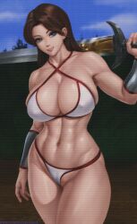 1girls abs absurd_res absurdres big_breasts blue_eyes breasts brown_hair cameltoe cleavage crt erect_nipples erect_nipples_under_clothes female female_only golden_axe hi_res high_resolution highres large_breasts legs limgae long_hair looking_at_viewer muscular muscular_female navel sega smile solo swimsuit sword tagme thick_thighs thighs toned tyris_flare weapon white_bikini