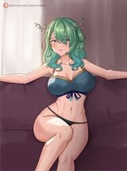 absurdres antlers azurecruiser bare_arms bare_legs black_panties bra braid braided_bangs branch breasts ceres_fauna cleavage collarbone couch curtains dress female green_hair hair_over_one_eye highres hololive hololive_english hololive_english_-council- hololive_english_-promise- knee_up large_breasts lips looking_at_viewer on_couch outstretched_arms panties patreon_username ribbon see-through see-through_dress sitting smile spread_arms sweat underwear virtual_youtuber window yellow_eyes