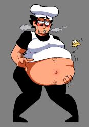 big_belly big_breasts big_pecs blush blushing_ears cartoony cheese cheeseslime_(pizza_tower) chef_hat drooling fat_man full_body hairy_arms hairy_belly hand_on_belly implied_vore male male_focus male_pred moustache obese_male panting peppino_spaghetti pizza_tower satisfied shirt_lift slime_vore sweatdrop sweating tired vore vore_belly white_shirt