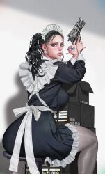 big_ass black_hair earrings firearm gun handgun kyuyong_eom maid maid_uniform ponytail ponytails revolver rings tail thighs tights weapon