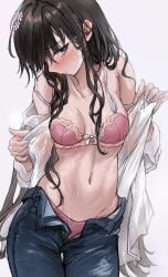 beauty_mark_on_breasts black_hair blush bra cowboy_shot embarrassed flower_in_hair jeans looking_away messy_hair open_shirt opening_shirt original pink_fingernails presenting saya_(mychristian2) very_long_hair wet_clothes white_shirt