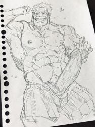 1boy boner erection fumimimimidory gay gilf grandfather male male_only mature_male monkey_d_garp monochrome muscle muscles muscular muscular_male one_piece penis shirtless solo solo_male yaoi