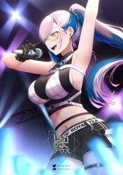 1girls arm_up armpits asymmetrical_legwear blue_hair breasts chest_belt colored_inner_hair crop_top earrings fishnet_pantyhose fishnets gloves glowstick grey_hair highres hololive hololive_indonesia hololive_indonesia_holoro jewelry landacdeus large_breasts long_hair microphone midriff mismatched_legwear multicolored_hair navel open_mouth pantyhose pavolia_reine pavolia_reine_(3rd_costume) ponytail shorts sleeveless smile solo sunglasses sweat thigh_strap tinted_eyewear virtual_youtuber yellow-tinted_eyewear