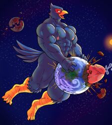 anthro avian balls big_penis bird blue_body bodily_fluids destruction erection falco_lombardi genital_fluids genitals happyending hi_res macro male muscular muscular_male nintendo penis planet planet_destruction planet_penetrated precum solo space star_fox terra_macro