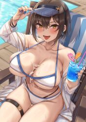 absurdres bare_shoulders beach_chair bikini blush breasts brown_hair cleavage collarbone cum cum_on_body cum_on_breasts cup female highres jacket large_breasts long_sleeves looking_at_viewer momo_no_sukebe momose_natsuki_(momo_no_sukebe) navel off_shoulder open_clothes open_jacket open_mouth original original_character short_hair sitting smile solo swimsuit thigh_strap thighs tongue tongue_out variant_set visor_cap wet white_bikini white_jacket yellow_eyes