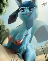 absurd_res anthro artist_name blue_eyes blulesnsfw breasts claws clothing digital_media_(artwork) duo eeveelution female fingers generation_4_pokemon glaceon grass hi_res human looking_at_viewer male male/female mammal navel nintendo nipples nude plant pokemon pokemon_(species) smile tongue topwear