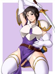 1girls armor ass_visible_through_thighs bare_thighs black_eyes black_hair boots breasts creidne_(fire_emblem) elbow_gloves female female_only fire_emblem fire_emblem:_genealogy_of_the_holy_war gloves looking_at_viewer medium_breasts nintendo panties pantyshot pelvic_curtain purple_background rakusai_(saisai_garou) short_hair smile solo sword thigh_boots thighs underwear weapon