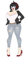 akira_kurusu big_ass big_breasts bimbo bimbo_lips bimbofied black_hair blue_eyes breasts clothed clothing edit erect_nipples female genderswap_(mtf) glasses headphones headset high_heels huge_breasts jeans joker_(persona) looking_at_viewer persona persona_3 persona_5 ren_amamiya rule_63 sealguy stiletto_heels thatguyimortal thick_ass thick_thighs tight_clothing very_high_heels