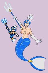 1girls 2023 2d 2d_(artwork) algob4v armpits bav breasts female female_only helmet light_skin long_gloves mega_man mega_man(classic) mermaid navel nipples pixel_art purple_eyeshadow solo solo_female splash_woman tail topless trident