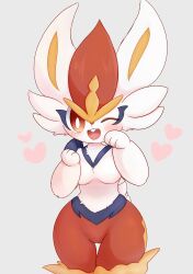 :3 animal_ears animal_nose anthro blue_fur blush body_fur breasts bright_pupils buck_teeth cinderace commentary_request cowboy_shot cute female furry furry_female generation_8_pokemon grey_background hands_up happy heart highres kagetsu_(pixiv_59460925) looking_at_viewer medium_breasts multicolored_fur one_eye_closed open_mouth partial_commentary paw_pose pokémon_(species) pokemon pussy rabbit_ears rabbit_girl rabbit_tail red_eyes red_fur red_hair short_hair simple_background smile solo standing tail teeth thighs uncensored white_fur white_pupils wide_hips yellow_fur