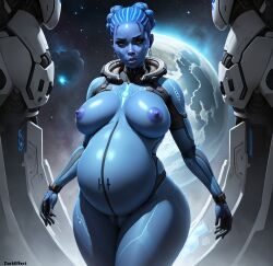 1girls ai_generated alien blue_body blue_skin breasts cornrows dark-skinned_female dark_skin darkeffect detailed_background female female_only front_view kwame_nebula_(darkeffect) looking_at_viewer partially_clothed pregnant space wide_hips