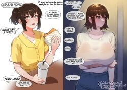 1girls 6no1 before_and_after breast_expansion breasts broken_english brown_hair burger busty clothed clothing comic dialogue dialogue_options drink eating english_text flat_chest food fully_clothed hi_res instant_loss_2koma large_breasts original ponytail