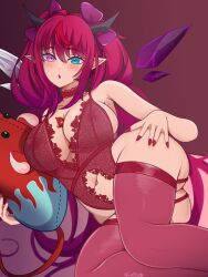 absurdres animal asymmetrical_wings bare_shoulders blue_eyes blush bra breasts choker cleavage coubalty covered_erect_nipples crystal_wings fan_mascot_(vtuber) female hair_between_eyes heterochromia highres hololive hololive_english hololive_english_-promise- horns irys irys_(hololive) lace lace-trimmed_choker lace_trim large_breasts lingerie long_hair looking_at_viewer lying mouse mr._squeaks_(hakos_baelz) multicolored_hair nail_polish navel on_side open_mouth panties pointy_ears purple_eyes purple_hair red_hair see-through solo streaked_hair stuffed_animal stuffed_toy thighhighs underwear underwear_only very_long_hair virtual_youtuber wings