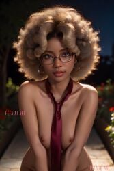 afro ai_generated blonde_hair dark-skinned_female earrings fefa_ai_art fefaaiart female glasses nipples red_necktie stable_diffusion upper_body