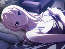 1girls baldr_(series) baldr_sky bed bedroom blonde_hair eyebrows eyebrows_visible_through_hair eyes_open game_cg hair hand_on_chest head_on_pillow indoors kirishima_rain long_hair looking_at_viewer non-web_source on_bed pillow png tsunashima_shirou white_skin white_skinned_female