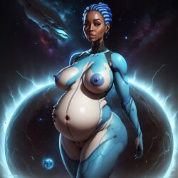 1girls ai_generated alien blue_nipples breasts cornrows dark-skinned_female dark_skin darkeffect detailed_background female female_only kwame_nebula_(darkeffect) lips looking_at_viewer oc original_character pregnant pussy space spacesuit