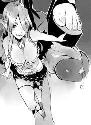 1boy 1girls breasts cleavage clothed_female clothed_female_nude_male cum disgaea disgaea_5 ejaculation femdom hair_over_one_eye hiddenriparian large_breasts monochrome nippon_ichi_software penis seraphina_(disgaea) shoejob stepping_on_penis