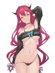 :p absurdres arm_behind_head arm_up black_choker black_panties blue_bow blue_eyes bow breasts choker chyraliss crop_top female groin hairbow heterochromia highres hololive hololive_english hololive_english_-promise- horns irys irys_(hololive) long_hair looking_at_viewer medium_breasts multicolored_hair navel panties panty_pull pink_eyes pointy_ears pulled_by_self red_hair revealing_clothes simple_background solo stomach streaked_hair thigh_gap thighs tongue tongue_out underboob underwear v very_long_hair virtual_youtuber wavy_hair white_background